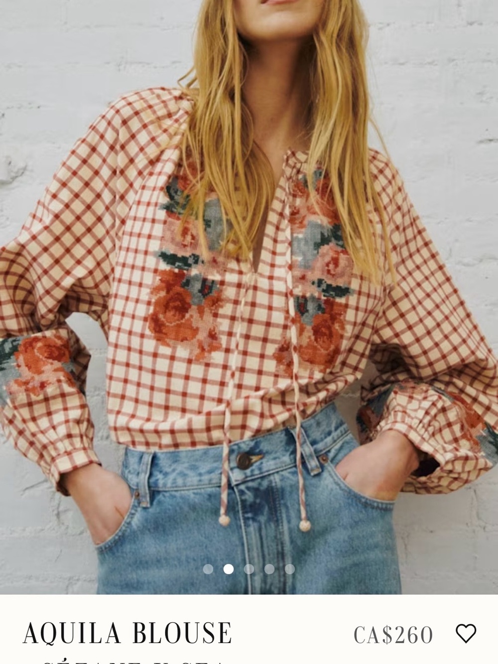 Sezane Peach Check Embroidered Tie-Front Blouse